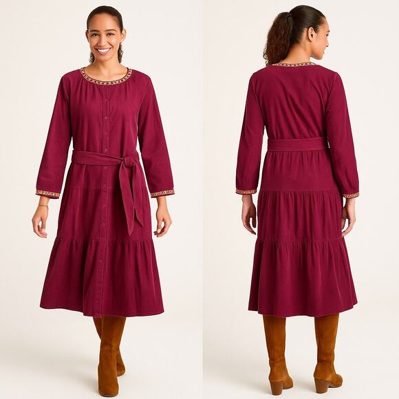 Johnny Was Corduroy Ruffle Midi Dress | Maroon Belted Coastal Cowgirl | NWT | L - Picture 1 of 14